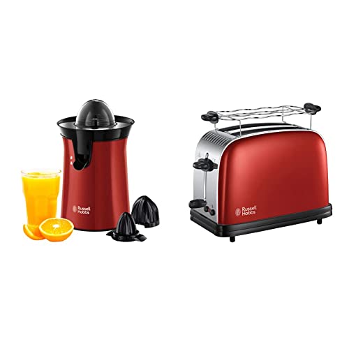 Russell Hobbs Classic Tostapane, 1100 W, Acciaio Inossidabile, 2 Scomparti, Rosso & 26010-56 Spremiagrumi, Rotazione A Pressione Bi-Direzionale, 60 W, Acciaio Inox, Rosso