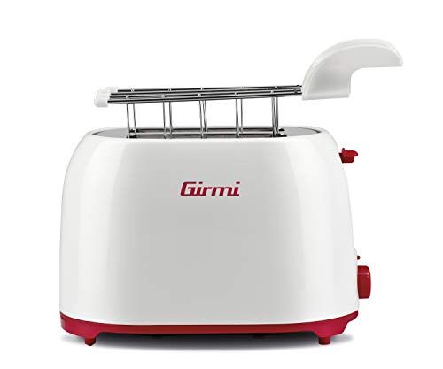 Girmi Tostapane, 750 W, Pinze Inox, 7 livelli di cottura, Raccogli briciole, Spegnimento automatico, Bianco/Rosso