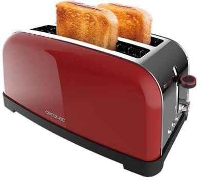 Cecotec Tostapane verticale Toastin' time 1500 Red Lite, Potenza 1500W, Capacità per 4 fette, Doppia fessura lunga e fessura larga da 3,8 cm, Sistema di centratura automatica, 7 livelli di tostatura