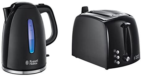 Russell Hobbs Texture Plus 22591-70, Bollitore In Plastica Di Alta Qualità, 1,7 Litri, 2400 W, Nero & 22601-56 Tostapane, 850 W, Strato Esterno In Plastica, 2 Scomparti, Nero