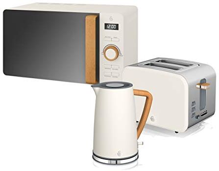 Swan Nordic Set Colazione Bollitore 1,7L 2200W, Tostapane Pan Slot Larga 2 fette, Microonde 20L Digitale, Design Moderno Effetto Legno, Bianco