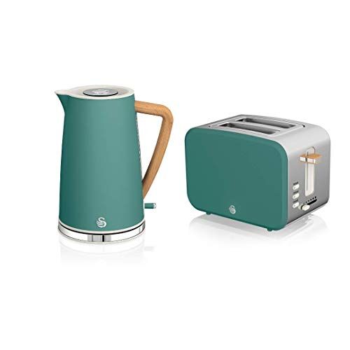 Swan Nordic Set da colazione Bollitore senza fili 1,7 L 2200 W, Tostapane con fessura larga 2 fette, 3 funzioni, design moderno, effetto legno, verde