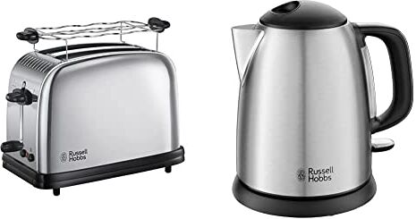 Russell Hobbs 23310 56 Tostapane a 2 Fessure Senza Pinze in Acciaio Inox, 1200 W, Grigio/Nero & 24991 70 Bollitore Compatto Adventure, Capacita 1L, Filtro Anticalcare, 2400W, Acciaio Satinato