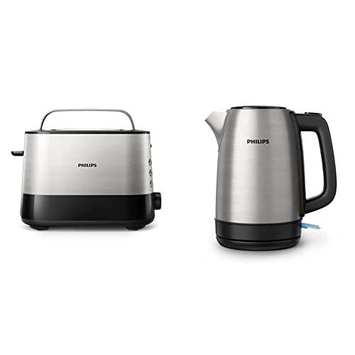 Tostapane 2 Fette, 7 impostazioni, Scongelamento e Scalda Brioche Integrato, Leva di Sollevamento + Philips Bollitore Elettrico 1,7 L, Coperchio a Molla, Spia Luminosa, in Acciaio Inox