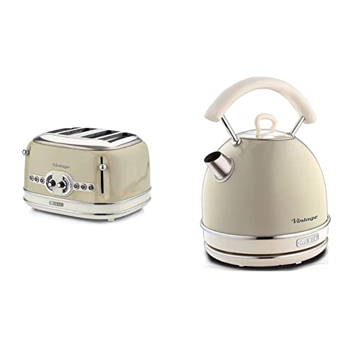 Ariete 156 Tostapane Vintage 4 Fette, 1600 watt, 6 livelli di tostatura & 2877 Bollitore Elettrico di Design, 2000W, 1,7 L, Acciaio Inossidabile, Livello acqua visibile, Beige Pastello