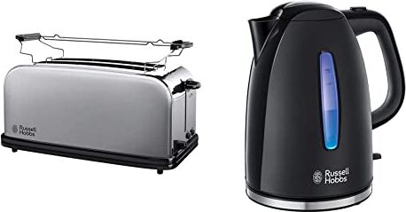 Russell Hobbs Tostapane Lungo, 1200 W, 4 fette larghe di pane, Acciaio Inox & Bollitore acqua Elettrico, 1.7 L, 2400 W, Energy Saving ok, Luce Blu, Texture Plus Nero