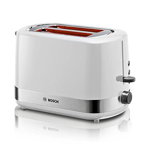 Bosch Tostapane compatto integrato, con funzione di scongelamento, perfetto per 2 fette di tostatura, funzione sollevamento, centraggio del pane, 800 W, in acciaio inox/bianco