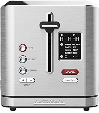 GASTROBACK #42395 Tostapane digitale 2S, 2 fette integrate, 7 programmi di toast, display LCD conto alla rovescia, 800 Watt, cassa in acciaio inox, colore: Argento