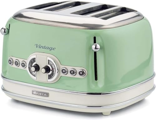 Ariete Tostapane Vintage 4 Fette 156, Tostiera con 6 Livelli di Tostatura, Espulsione Automatica, Funzione Defrost, Vassoio Raccoglibriciole Estraibile, Corpo in Acciaio Inox, 1600W, Verde