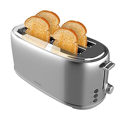 Cecotec Toast&Taste 1600 Retro Double Inox Tostapane, 4 fette, 1630 W, 2 fessure larghe da 3,8 cm e lunghe, in acciaio inox, aste superiori, potenza regolabile, vassoio raccogli briciole