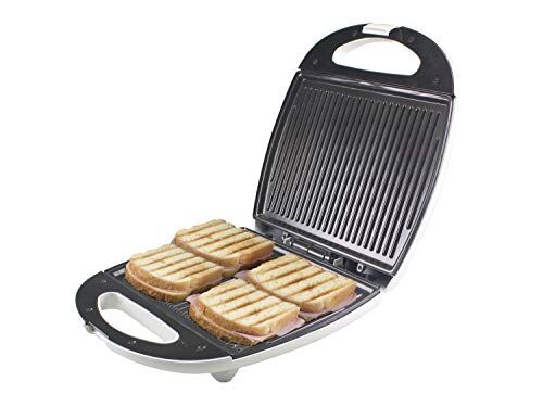 BEPER Maxi Toast&Grill Tostiera 4 Fette Grill, Sruttura esterna in bachelite, Piastre grill Maxi antiaderenti di 28 x 21cm, 1300 W, Bianco