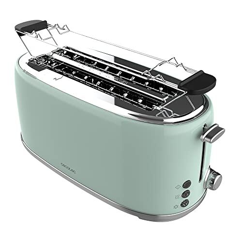 Cecotec Tostapane 4 Fette Toast&Taste 1600 Retro Double Verde, 1630 W, 2 Slot Larghi da 3.8 cm e Lunghi, Acciaio Inossidabile, Aste Superiori, Potenza Regolabile, Vassoio Raccoglibriciole