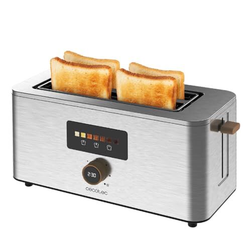 Cecotec Tostadora Vertical 2 Fessure Lunghe Touch&Toast Extra Double. 1500 W, 4 Fette di Pane, Fessure Extra-Larghe 3,5 cm, Touch Screen e Manopola Digitale, Finiture in Acciaio Inossidabile