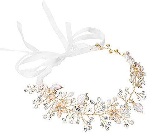 RLUYFGGTLNHGT Elegant Women Bridal Crown Women's Elegant Handmade Bridal Hair Wreath With Adjustable Ribbon For Wedding Party Holidays Photography Decoration Silver Headband Flower Leaves Crown Rhinestone Faux Pear (Gold )