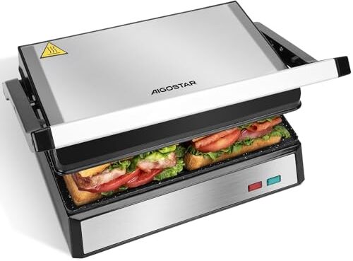 Aigostar Hett pro Panini Maker/Tostapane Piastra, Rivestimento Antiaderente Eco Stone, Vassoio Raccogli Grasso, Pressa a sandwich, Bistecchiera Elettrica, 1500 Watt, Apertura a 180º.