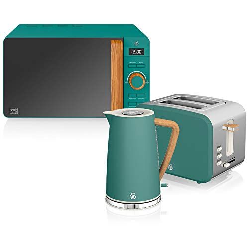 Swan Nordic Set Colazione Bollitore 1,7L 2200W, Tostapane Pane con scanalatura larga 2 fette, Microonde 20L Digitale Design Moderno Effetto Legno Verde