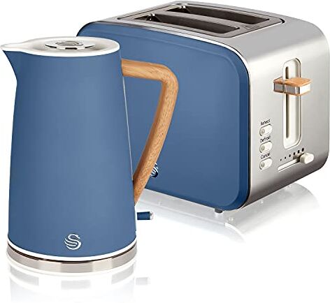 Swan Nordic Set Colazione Bollitore Acqua Senza Fili 1.7L 2200W Tostapane Pane Slot Larga 2 Fette 3 Funzioni Design Moderno Effetto Legno Blu Opaco