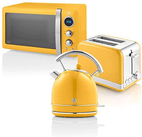 Swan Retro Colazione Set 1,8 L Bollitore, Tostapane a 2 Fette, Microonde Digitale 20L, 6 Livelli di Potenza, Timer, Porta Effetto Specchio, Design Vintage, Giallo, Acciaio Inossidabile, Taglia Unica