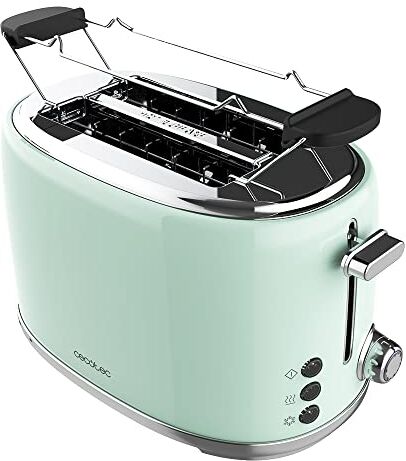 Cecotec Tostapane 2 fette Toast&Taste 1000 Retro Double Green. 980 W, 2 fessure larghe da 3,8 cm e corte, acciaio inossidabile, aste superiori, potenza regolabile, vassoio raccogli briciole