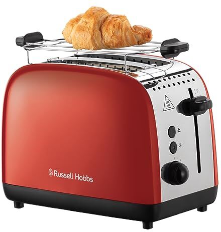 Russell Hobbs Tostapane , Due Fette, Colors Plus Acciaio Inox Rosso, Toast Extra Larghi, Accessorio Per Panini, 6 Livelli Di Doratura e Funzione Di Scongelamento, Lift & Look, 1600 W,