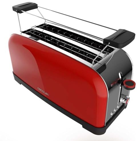 Cecotec Tostapane Vertical 2 Fessure Lunghe Toastin' Time 1500 Red. 1500 W, 4 Fette di Pane, Fessura Larga 3,8 cm, Supporto per Panini e Vassoio Raccogli Briciole, Acciaio Inossidabile e Rosso