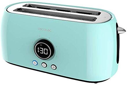 Cecotec ClassicToast 15000 Tostapane digitale extra doppio blu 1500 W, 2 slot extra larghi per 4 toast, display digitale, 3 funzioni, canne superiori, design retrò in turchese