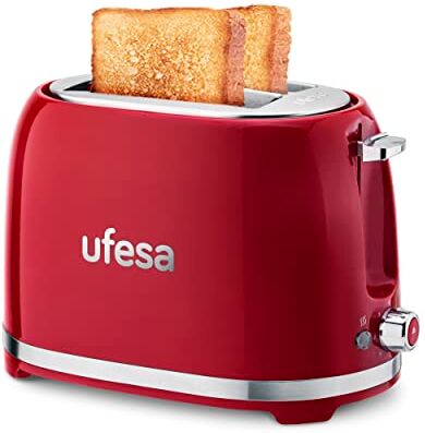 Ufesa Classic Pinup, Tostapane Design Vintage, 850 W, 2 Fette, Bocca Ampia Adatta a Qualsiasi Tipo di Pane, 7 Livelli di tostatura, Tripla Funzione, Raccoglicavo, Vassoio Raccogli Briciole, Rosso