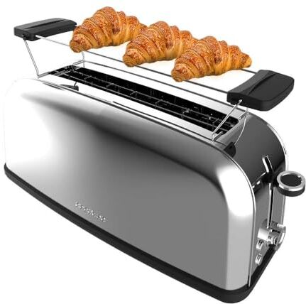 Cecotec Tostapane verticale Toastin' time 850 Inox Long, 850W, Doppia fessura lunga e larga 3,8 cm, Barre superiori, Acciaio Inossidabile, Spegnimento e Pop-up Automatico, Raccogli-briciole