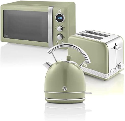 Swan Retro Colazione Set 1,8 L Bollitore, Tostapane a 2 Fette, Microonde Digitale 20L, 6 Livelli di Potenza, Timer, Porta Effetto Specchio, Design Vintage, Verde, Taglia Unica