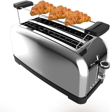 Cecotec Tostapane verticale Toastin' time 1500 Inox, 1500W, Doppia fessura lunga e larga 3,8 cm, Barre superiori, Acciaio Inossidabile, Spegnimento e Pop-up Automatico, Raccogli-briciole