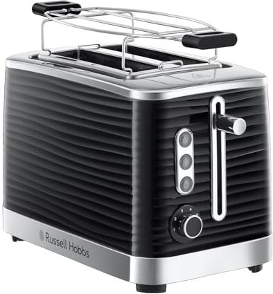 Russell Hobbs Tostapane Per 2 fette Struttura lucida di qualità, Inspire Black; Fessure per toast extra larghe, Incluso accessorio per panini, 6 livelli di doratura + scongelamento,