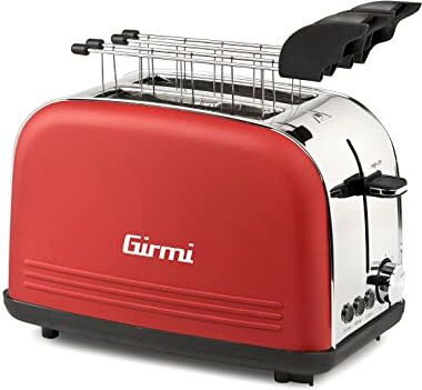 Girmi TP57 Tostapane, 800 W, Corpo e pinze INOX, Ampie fessure, Timer, 8 livelli di cottura, Spegnimento automatico, Raccogli briciole, Rosso