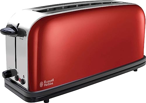 Russell Hobbs Tostapane Lungo, 2 Fette di pane larghe, Griglia Integrata Scaldapanini, Toast, Scaldabrioche, Funzione scongelamento, Raccoglibriociole, Funzione Lift & Look, Rosso,