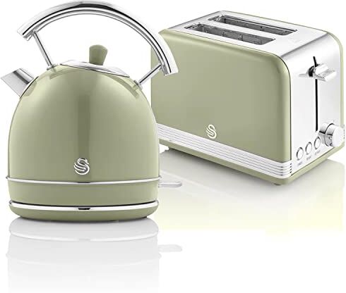 Swan Retro Colazione Set 1,8 L Bollitore Senza Fili con Elemento Riscaldante in Acciaio Inox, Tostapane a Fessura Larga 2 Fette, Regolatore di Tostatura a 6 Livelli, Design Vintage, Verde