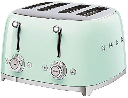 SMEG , Tostapane 4x4 , 4 Scomparti da 36mm, 6 Livelli di Doratura, Funzione Riscaldamento, Scongelamento e Bagel, Espulsione Automatica Pane, 2 Cassetti Raccoglibriciole, 2000W, Verde Pastello