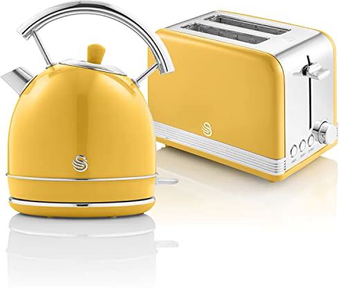 Swan Retro Colazione Set 1,8 L Bollitore Senza Fili con Elemento Riscaldante in Acciaio Inox, Tostapane a Fessura Larga 2 Fette,Regolatore di Tostatura a 6 Livelli, Design Vintage,Giallo