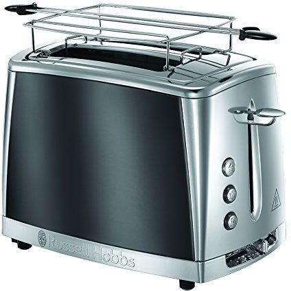 Russell Hobbs Tostapane, 2 Fette, 1550 W, Tostatura regolabile, Griglia integrata Scaldapanini e Funzione scongelamento, Vassoio Raccoglibriciole, Acciaio Grigio