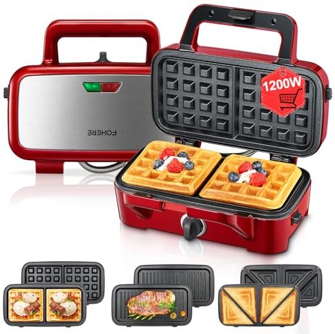 FOHERE Piastra Waffles Maker 3 in 1, 1200W Tostapane Piastra Panini, Tostiera Elettrica, ad Alta Potenza, Controllo della Temperatura a 5 Marce, Deposito Cavi, Rivestimento Antiaderente, Rosso d'Epoca