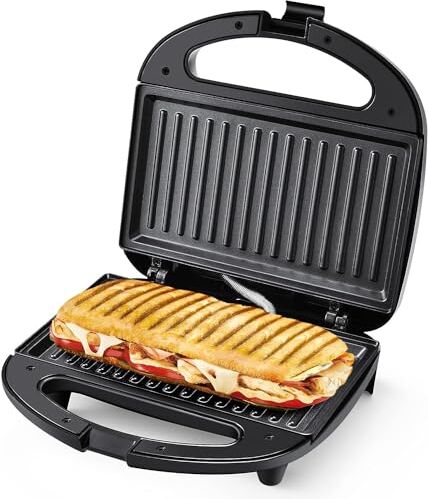 Tiastar Tostiera Tostapane Griglia, Piastra Elettrica Toast con Rivestimento Antiaderente, 750W Panini Maker, Temperatura Automatica, Indicatore LED, Manico Cool Touch, Senza BPA, Nero