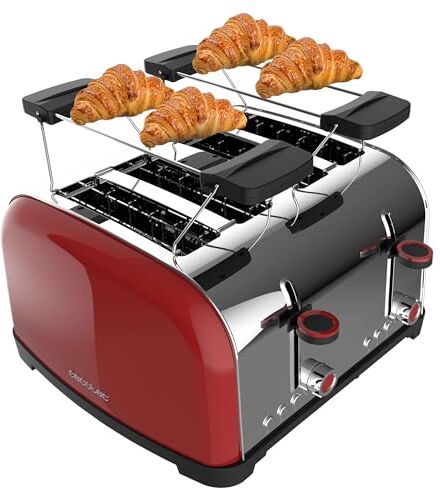 Cecotec Tostapane verticale Toastin' time 1700 Double Red, 1700W, Doppia fessura corta e larga 3,8 cm, Barre superiori, Acciaio Inoss, Spegnimento e Pop-up Automatico, Raccogli-briciole