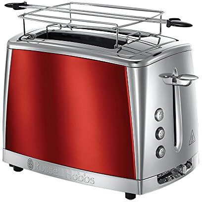 Russell Hobbs Tostapane, 2 Fette, 1550 W, Tostatura regolabile, Griglia integrata Scaldapanini e Funzione scongelamento, Vassoio Raccoglibriciole, Acciaio Rosso