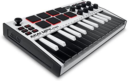 Akai Professional MPK Mini MK3 – Tastiera MIDI Controller USB a 25 Note con 8 Drum Pad Retroilluminati, 8 Manopole e Software Incluso, Colore Bianco