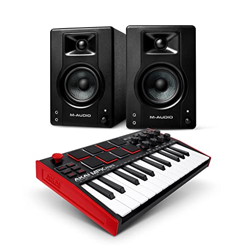 Akai Casse PC + Keyboard Tastiera MIDI MPK Mini MK3 + BX3 Casse Audio Monitor Amplificate da 120 W + Controller MIDI con Pad, Manopole e Software ( Professional + M-Audio)