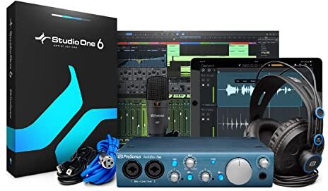 PreSonus Bundle Scheda Audio USB, Daw, Microfono, Cuffie e Cavi, Nero/Blu