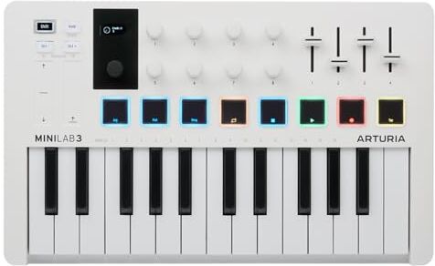 Arturia , 25 controller MIDI Slim-Key USB-C, 8 pad LED retroilluminati, 8 manopole, 4 fader, uscita Midi, arpeggiatore integrato, modalità accordi e pacchetto software di produzione musicale