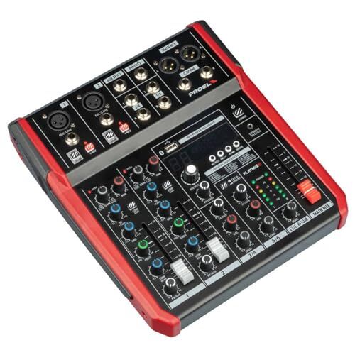 Proel PLAYMIX6 Mixer audio a 6 ingressi con modulo bluetooth, lettore MP3 e Registrazione stereo su USB, Nero rifiniture in Rosso