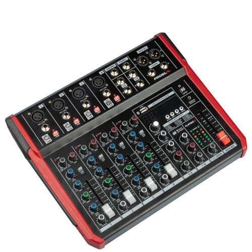 Proel Mixer audio a 8 ingressi con modulo bluetooth, lettore MP3 e Registrazione stereo su USB, Nero rifiniture in Rosso