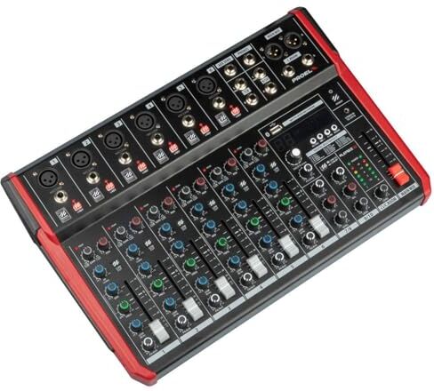 Proel Mixer audio a 10 ingressi con modulo bluetooth, lettore MP3 e Registrazione stereo su USB, Nero rifiniture in Rosso