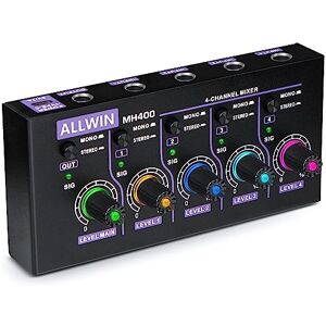 ALLWIN Mixer a 4 canali, mini mixer audio portatile 4in1out basso rumore DC5V supporto mono e stereo, per chitarre/bassi/tastiere/mixer/strumenti