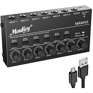 Moukey Mixer di linea a 6 canali a bassissimo rumore per sub-mixing, mini mixer audio stereo a 6 canali DC 5V, ideale per piccoli club o bar, chitarre, bassi, tastiere o mixer da palco- 2